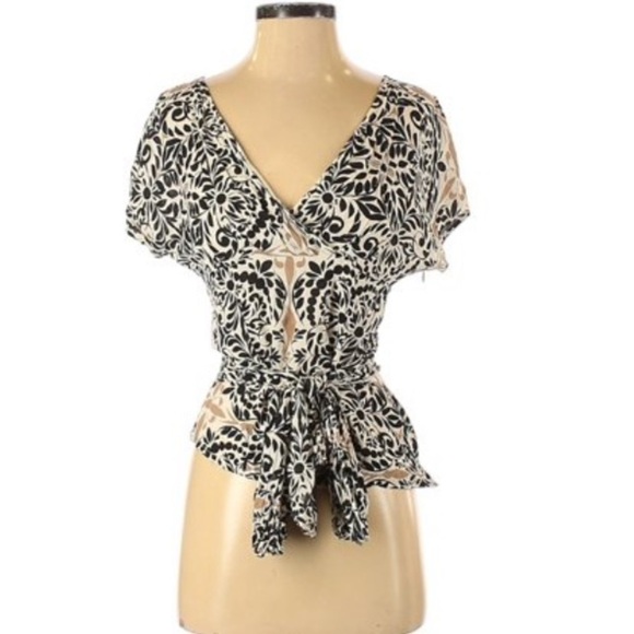 Anthropologie Odille white, black, and beige faux wrap top - Picture 1 of 4